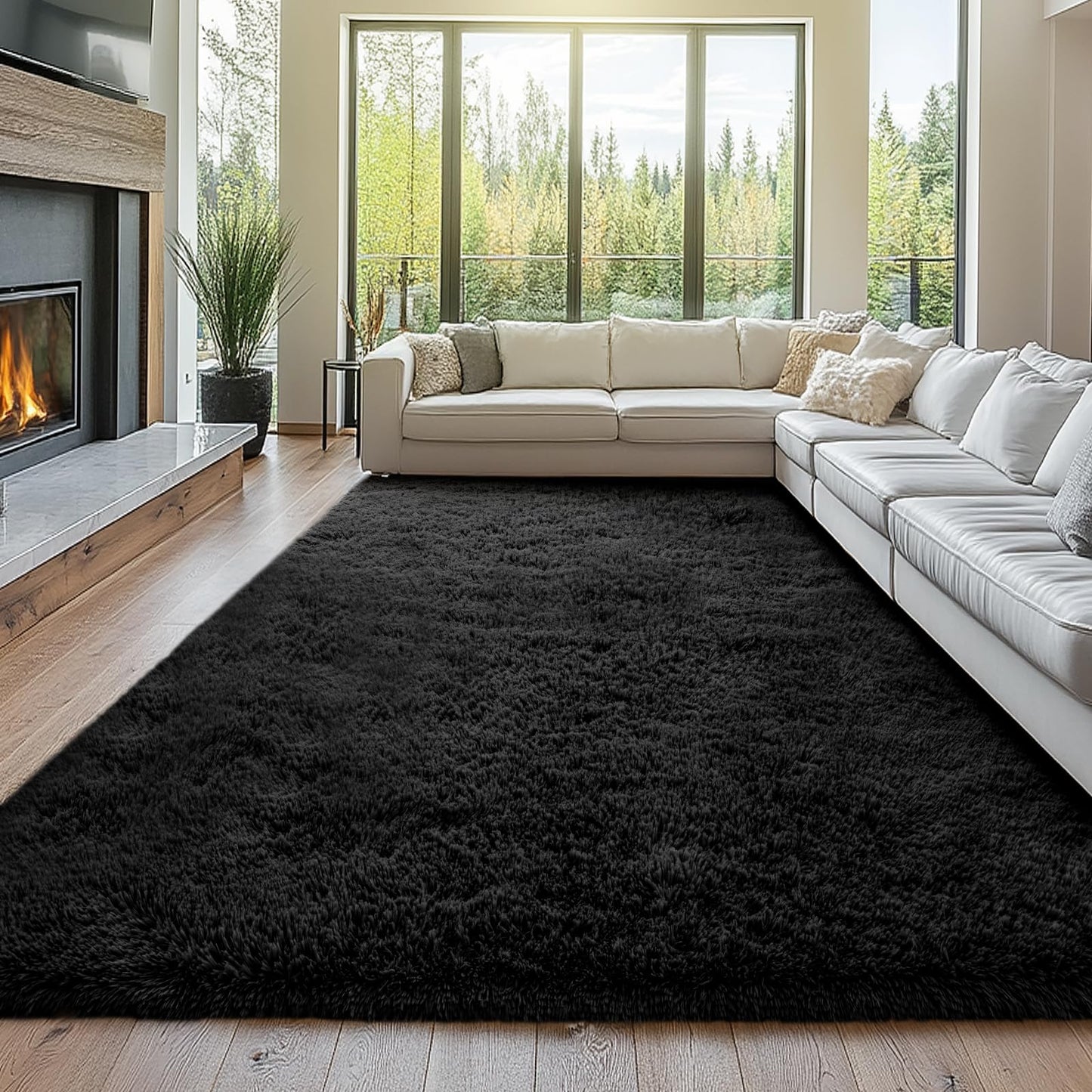 Topmaxcs Black Shag Area Rug Bedroom: 8x10 Shag Fluffy Area Rugs for Living Room- Plush Rugs for Bedroom- Large Fuzzy Soft Modern Rugs for Kids Room (Black, 8x10 Feet)