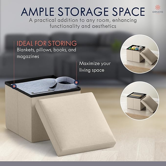 Ornavo Home Small Storage Ottoman Foldable Collapsible Cube Square Linen