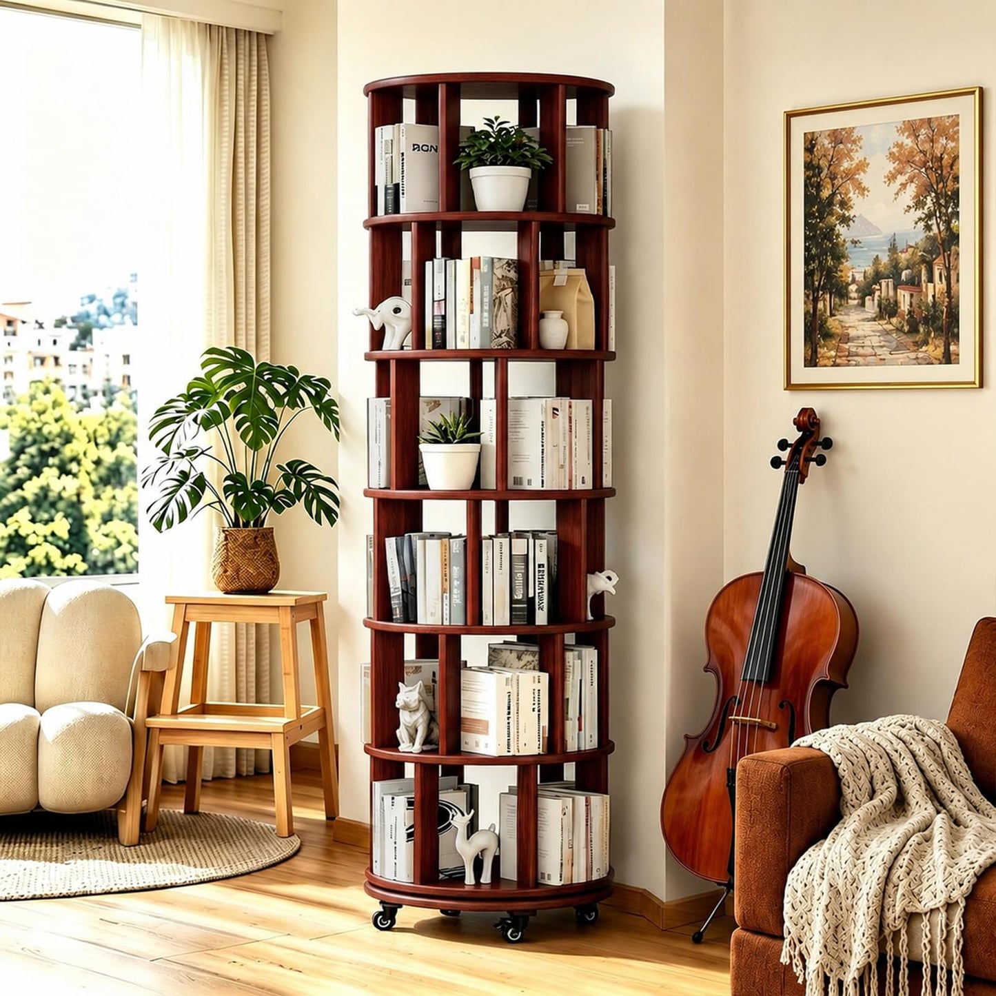 Azlafu 6 Tier Rotating Solid Wood Bookshelf, Corner Small Bookshelf Lazy Susan Organizer,Circular Rotating Spinning Bookshelf on Wheels, Revolving 360° Bookshelf for Small Spaces for Bedroom
