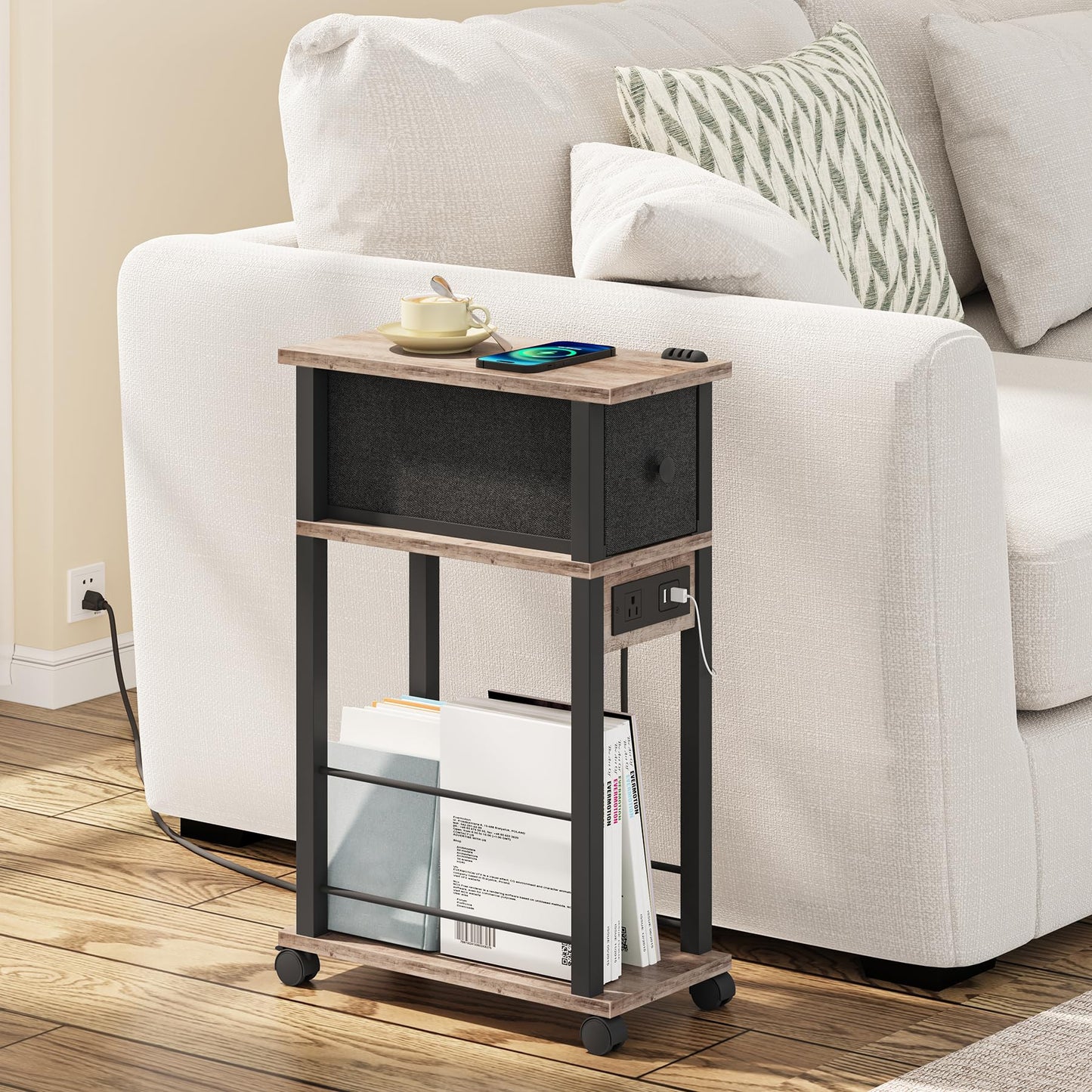 DGSANDGO Narrow Side Table (1PC) - Grey & Black Two-Tone End Table with Charging Station Drawer & 4 Wheels, Personalized Mobile Storage Nightstand for Bedroom Living Room (1 AC + 2 USB Ports)