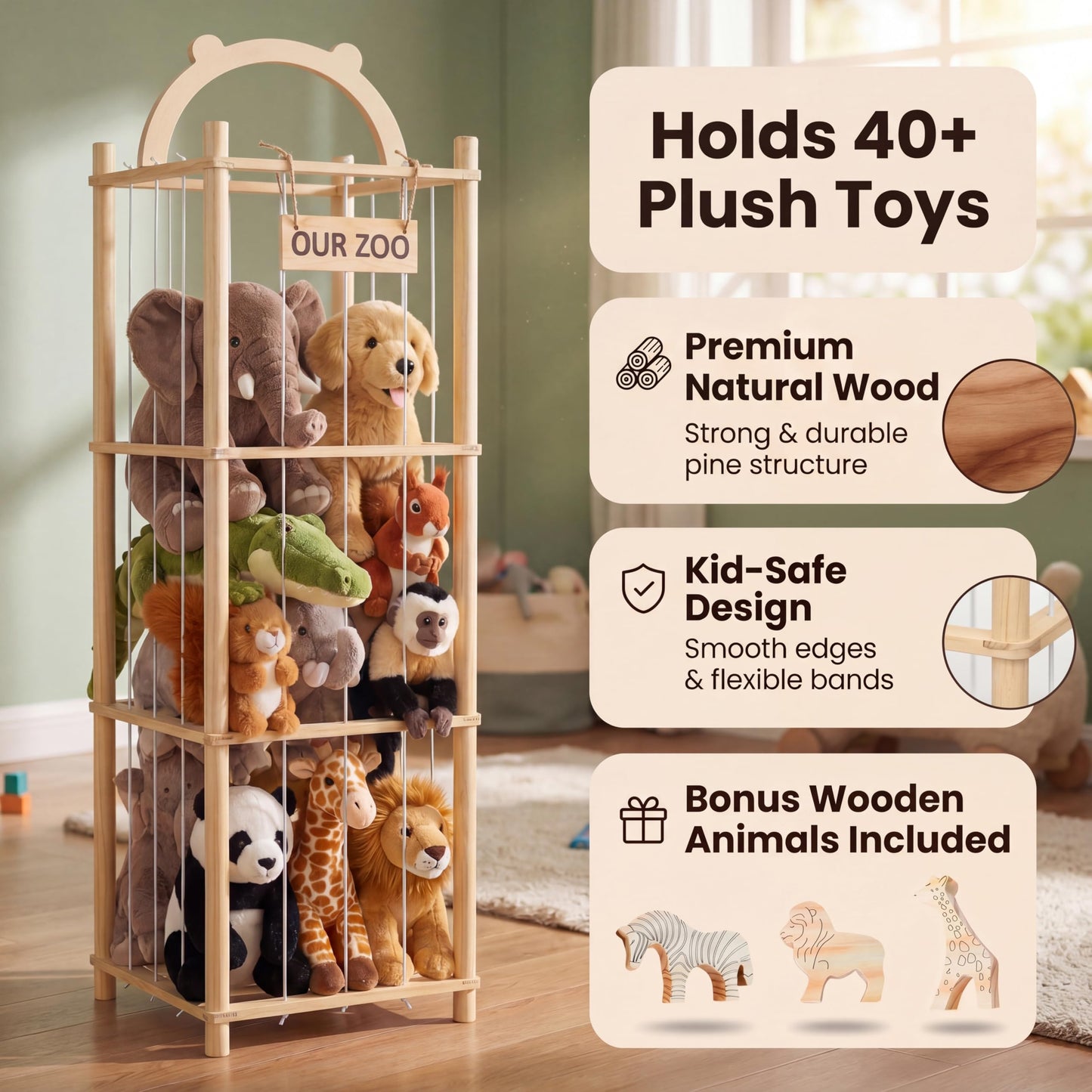 Sortivo Stuffed Animal Storage & Organizer with 3 Animal Figurines Set, 60In Large Capacity Stuffy & Plushies Storage Holder for Playroom, Nursery, Bedroom & Kids Furniture