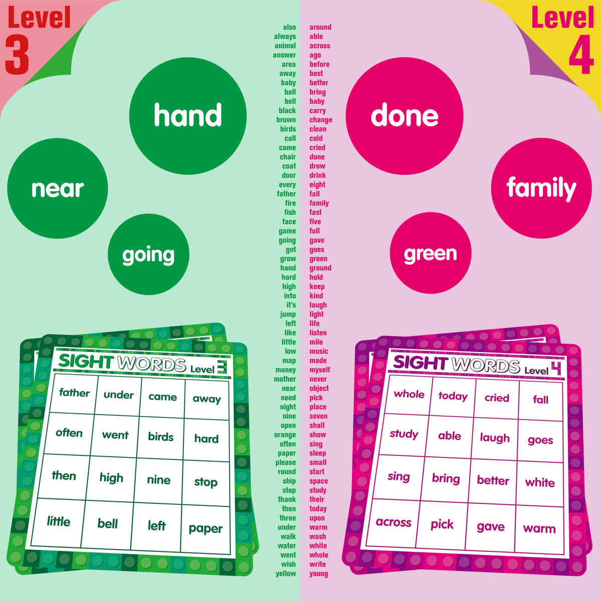 SpriteGru Sight Word Bingo Game, 120 Sight Words Learn to Read Level 3 & Level 4 Bingo Board Game Dolch's & Fry's Words Lists for Kindergarten and Preschool Kids 5+, Perfect for Classroom & At Home