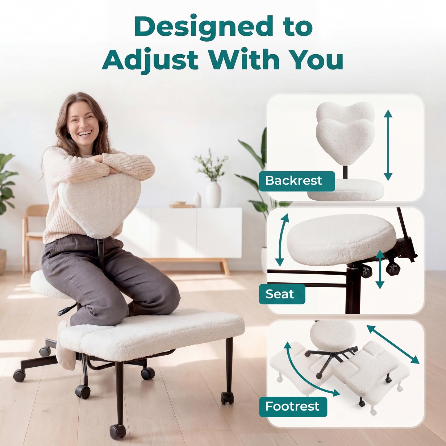 Ergonomic Cross Legged Office Chair with Footrest - Adjustable Crisscross Desk Chair for Kneeling & Sitting Cross-Legged - Swivel Task Chair with Back Support for ADHD & Home Office (White Fleece)