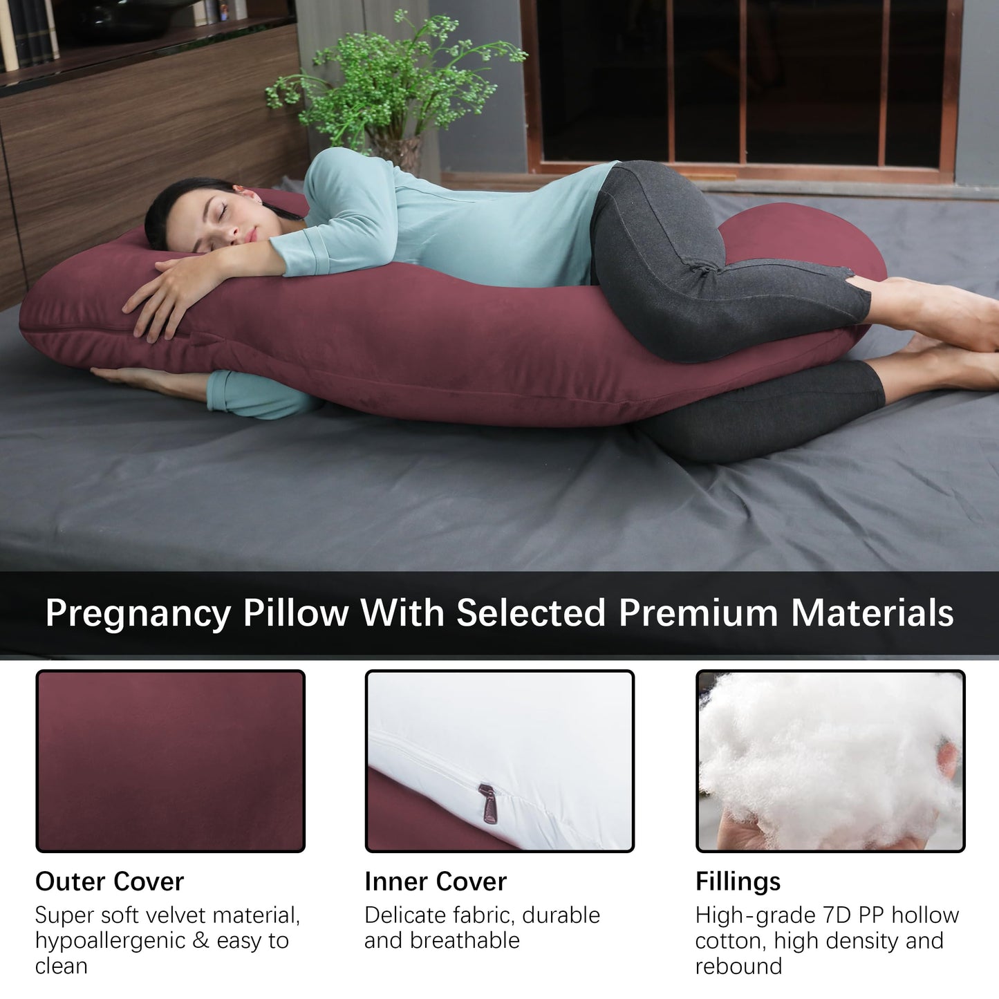 MOON PARK Pregnancy Pillows for Sleeping - U Shaped Full Body Maternity Pillow with Removable Cover - Support for Back, Legs, Belly, Hips - 57 Inch Pregnancy Pillow for Women - Burgundy