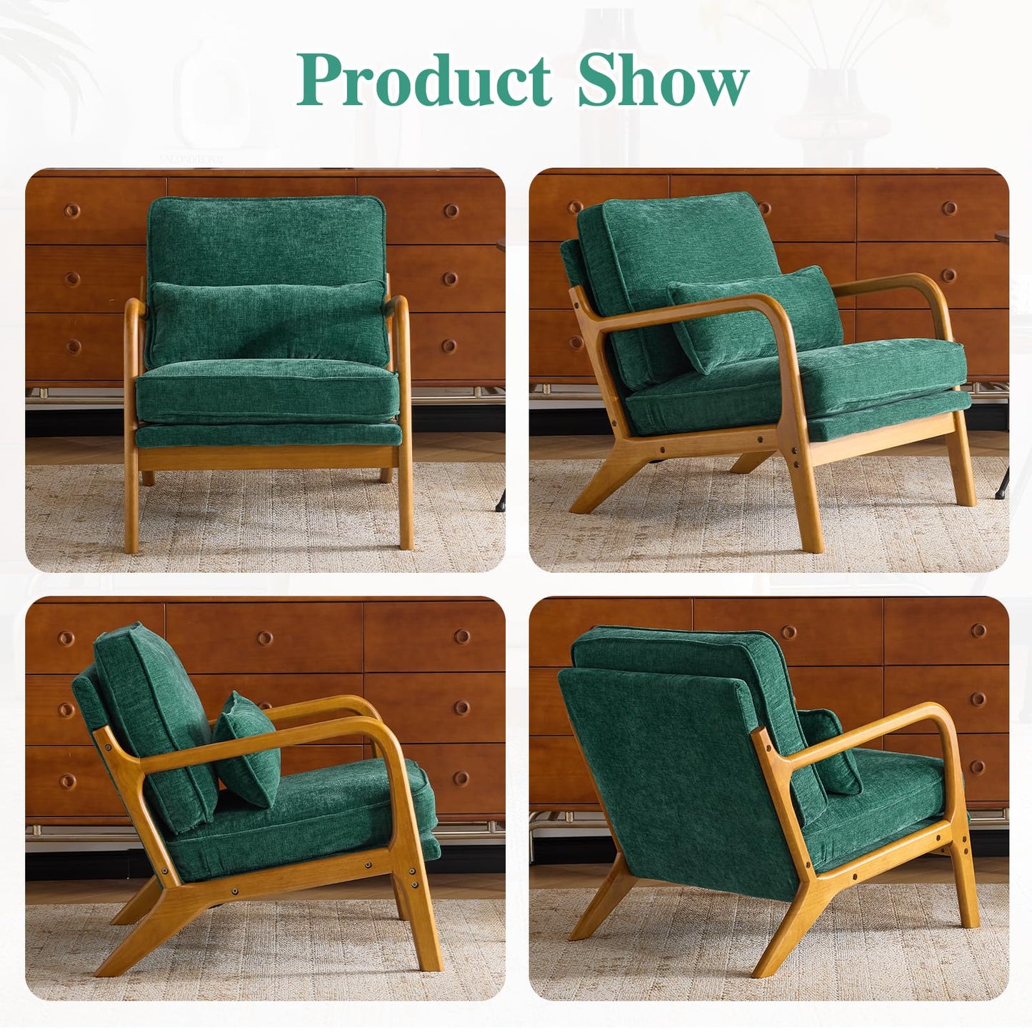 Karl home Mid Century Modern Accent Chair with Lumbar Pillow & Oak Arms – Plush Chenille Living Room Chair for Bedroom, Lounge (Dark Green)