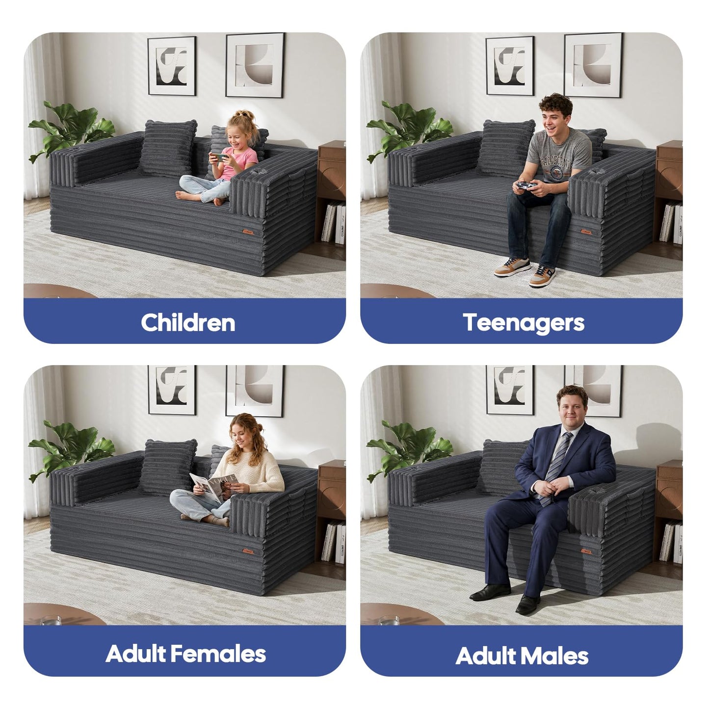 COMAX Futon Sofa Bed, 4‑in‑1 Convertible Sofa Bed, Boneless Couches for Living Room, Fold Out Small Foldable Loveseat Space‑Saving, Ash Gray