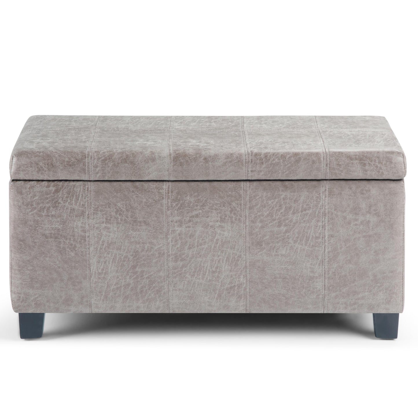 SIMPLIHOME Dover Storage Ottoman Bench - 36 inch Wide Upholstered Vegan Leather Rectangular Lift-Top Ottoman in Distressed Grey Taupe, Contemporary Bench for Living Room with Safety Hinges