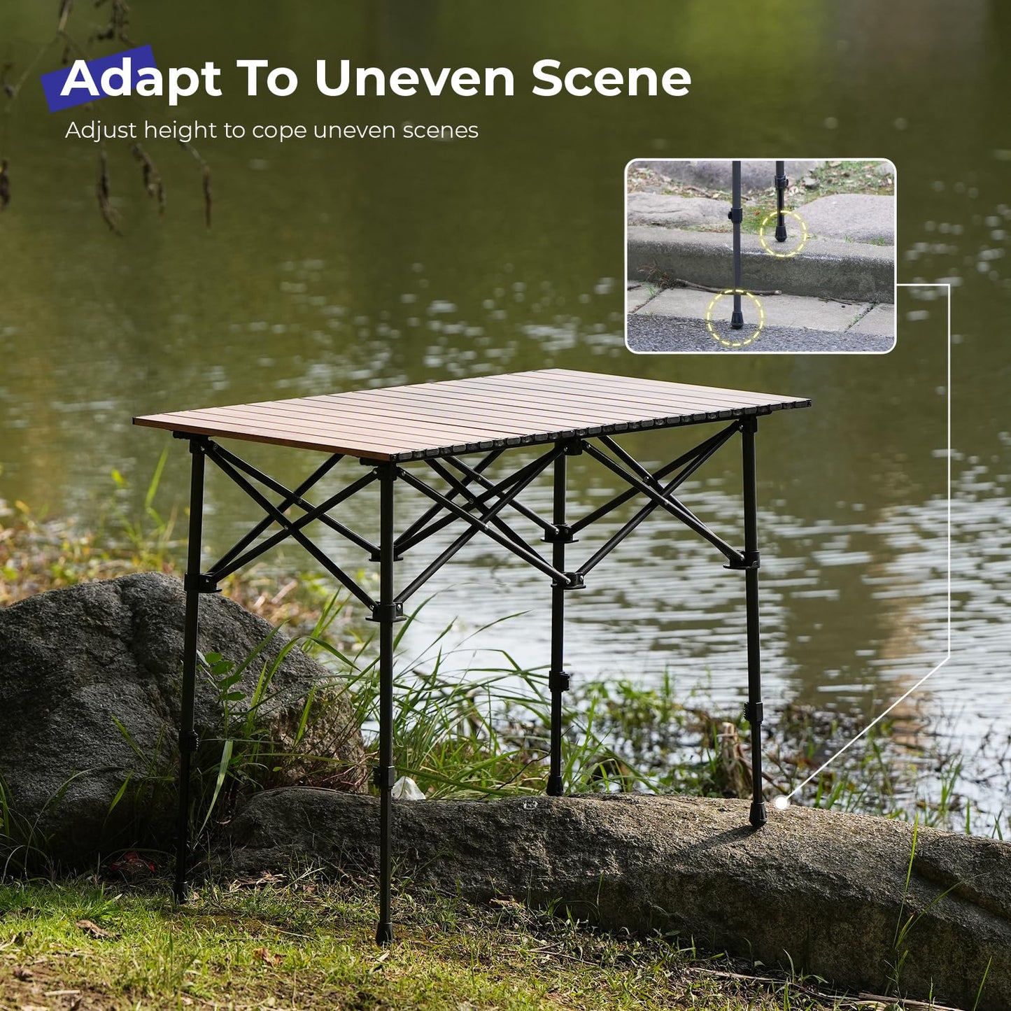 Byliable Camping Table Folding Portable Camp Aluminum Fold Up Lightweight Roll Up Table Adjustable Height with Carry Bag Indoor Outdoor for Camping, Picnic, Backyard, BBQ, Patio, Wood Grain