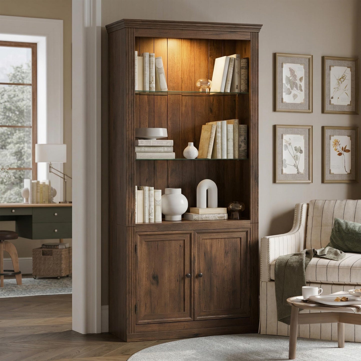 Merax Brown Narrow Bookshelf 35" Wide 79" MDF Tall Bookcase Collection Books Storage Cabinet with Single Color Ceiling Light for Living Room, Home Office, Studio