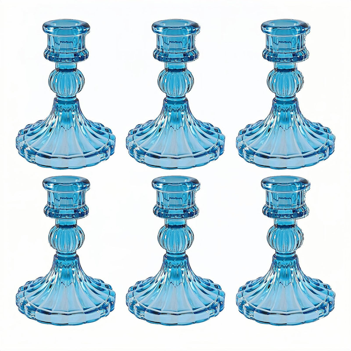 ECHFSM Glass Candlestick Holder,Striped Taper Candle Holders,Set of 6 Candle Stand for Table Centerpieces, Home Decor,Weddings,Festival and Parties (Blue Stripe Pattern)