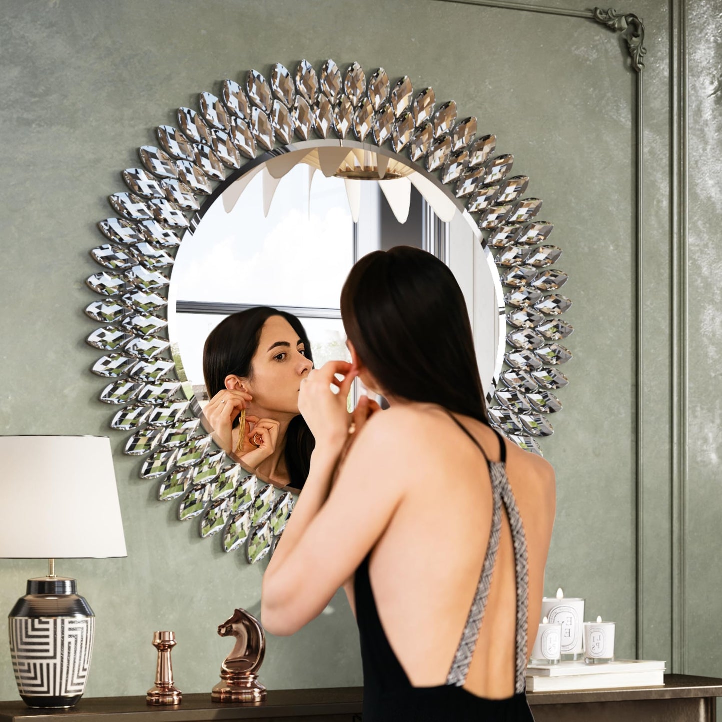 Kelly Miller 36" Jeweled Luxury Round Decorative Wall Mirror