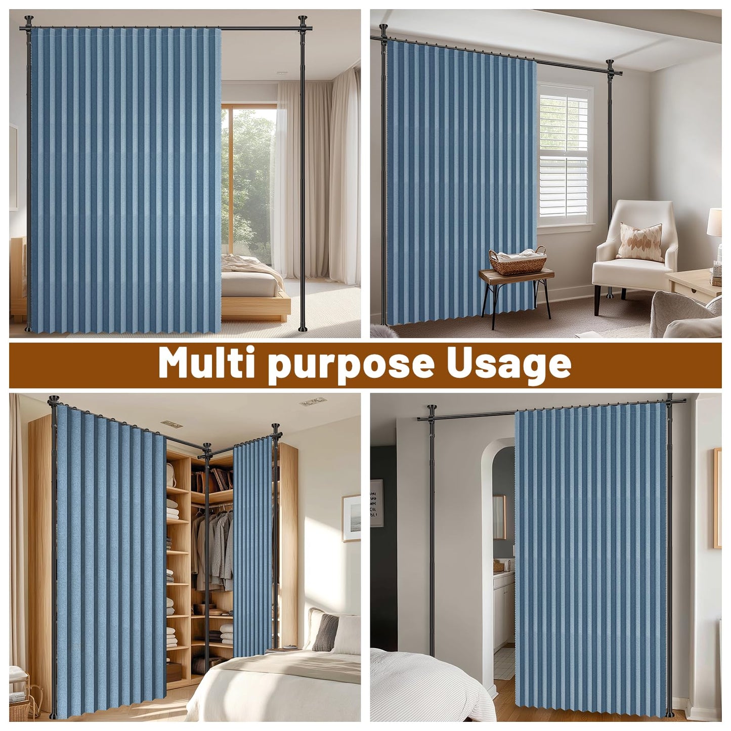 100% Blackout Room Divider Curtains Sets Blue 2 Panels W100 x L84in No Drill Curtain Rods(H) 43-120×(W) 35-200 in for Studio Apartment Dorm Office