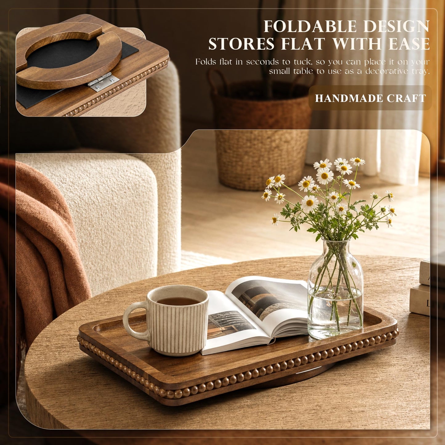 Acacia Wood Couch Tray with Beaded Edge for Home Decor - Foldable Sofa Armrest Tray as End Table - Couch Armrest Table with Anti-Slip Legs for Drink, Snacks (Acacia, 13"x9"x1")