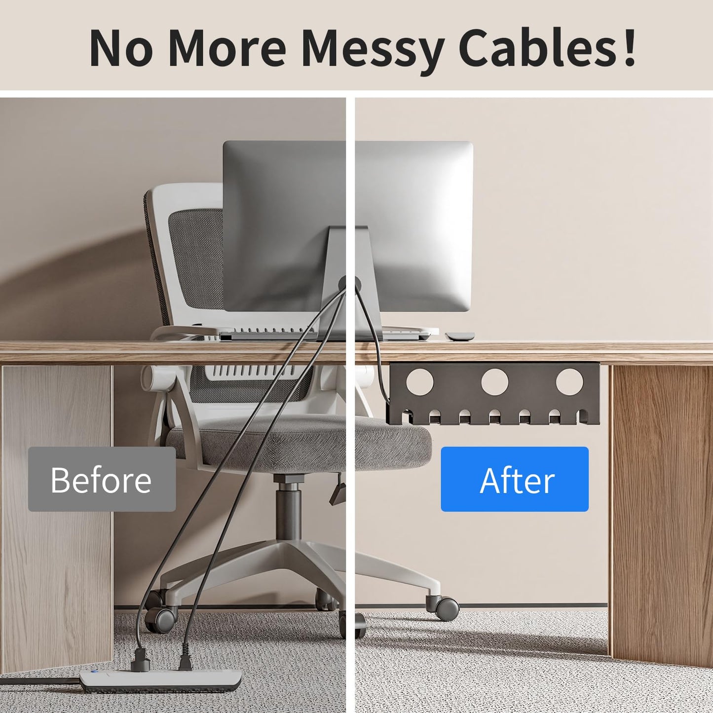 Delamu 2 Pack Metal Under Desk Cable Management Tray, U Channel Cord Organizer Box, Office Under Desk Cord Organizers, Cable Management with Various Accessories, Black, 15.75 Inches