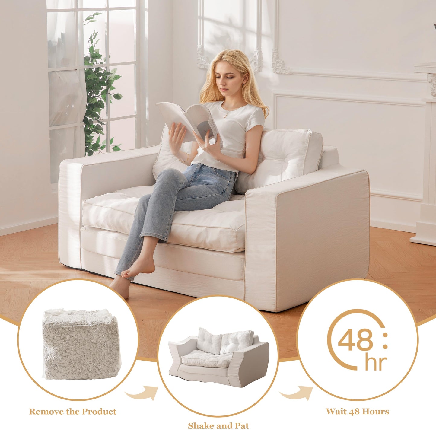YOSHOOT Loveseat Boneless Couch,55" Convertible Sofa Bed Futon Couches for Living Room,3-in-1 Pull Out Floor Couch with Backrest and Pillows, White