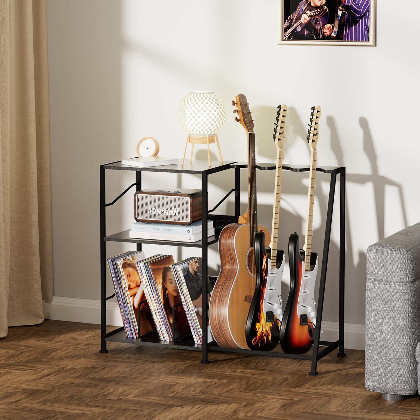 Hosfais Record Player Stand, 3 Tier Guitar Stand for Acoustic, Electric Guitar, Bass Stand, Vinyl Record Storage Up to 200 Albums, Brown Records Shelf for Living Room Bedroom (Black)