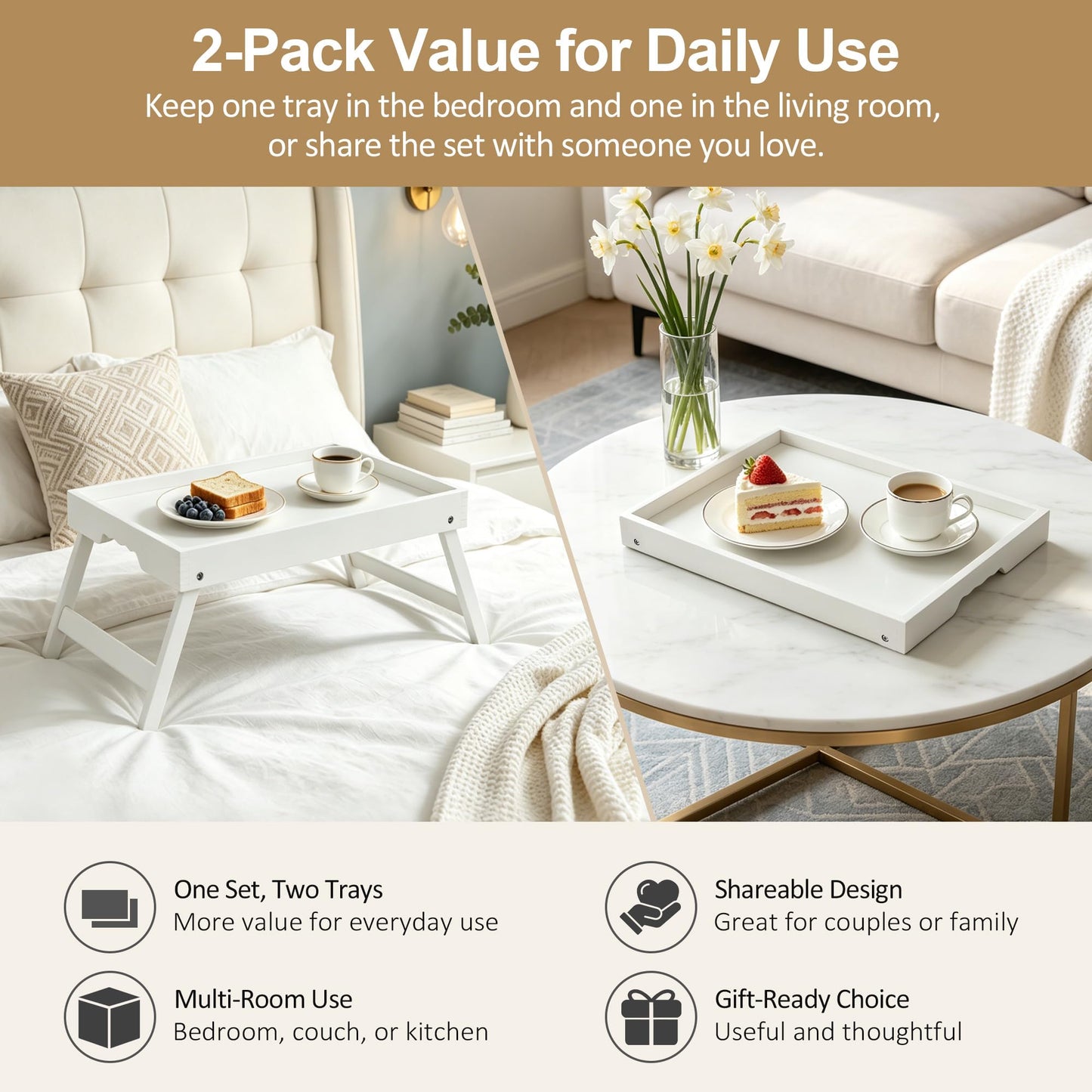 Breakfast Tray with Folding Legs Set of 2, Bamboo Bed Tray Table 15.7" Foldable TV Dinner Tray with Ergonomic Wave Handles for Bed Couch Sofa, Breakfast, Snacks, Coffee, White