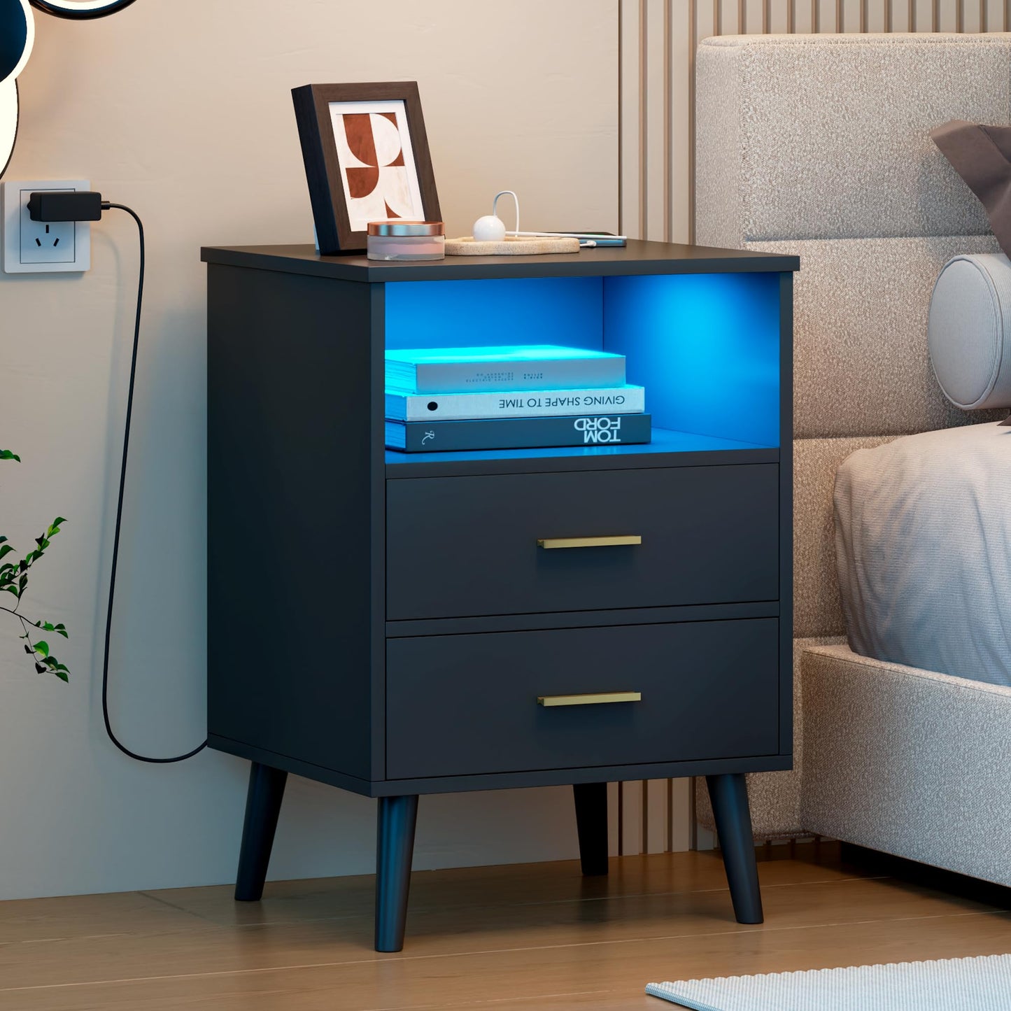 LVSOMT Nightstands Set of 2, Black Nightstand with Charging Station and USB Ports, Bed Side Table/Night Stand with 2 Drawers, Modern Night Stands for Bedroom