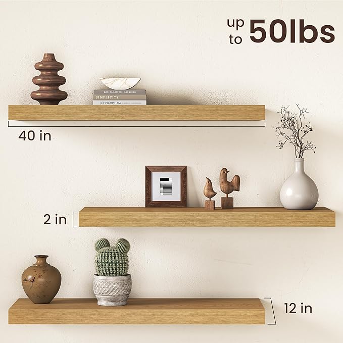 40Inch Oak Floating Shelves for Wall, 12 Inch Deep Shelves for Bedroom
