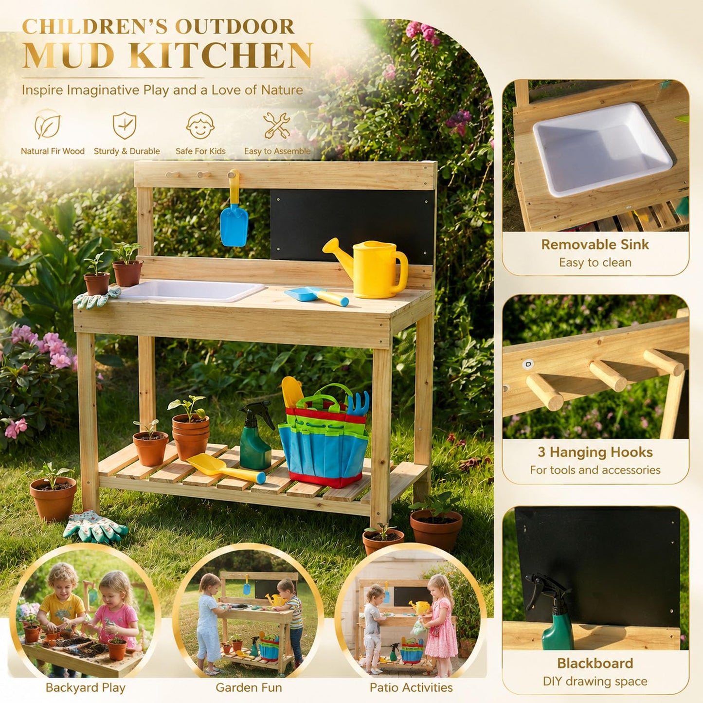 ZCCREATTIVE Children Wooden Potting Bench for Outdoor Indoor, with Sink, Blackboard, and Storage Shelves, 31 x 15 x 35 Inches,Kids Garden Work Table Workstation for Backyard Patio Lawn