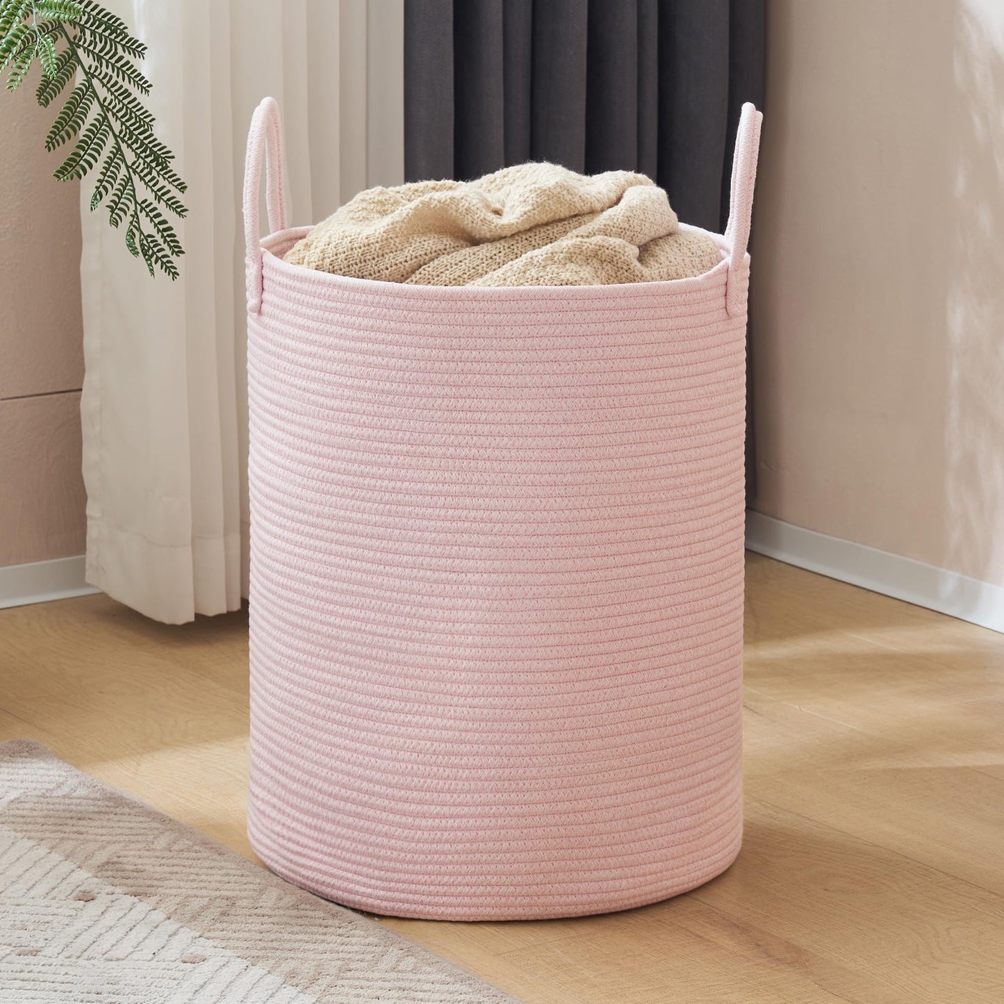 YOUDENOVA Woven Rope Laundry Hamper, 58L Tall Luandry Basket, Baby Nursery Hamper for Blanket Storage in Bedroom-Large-Pink