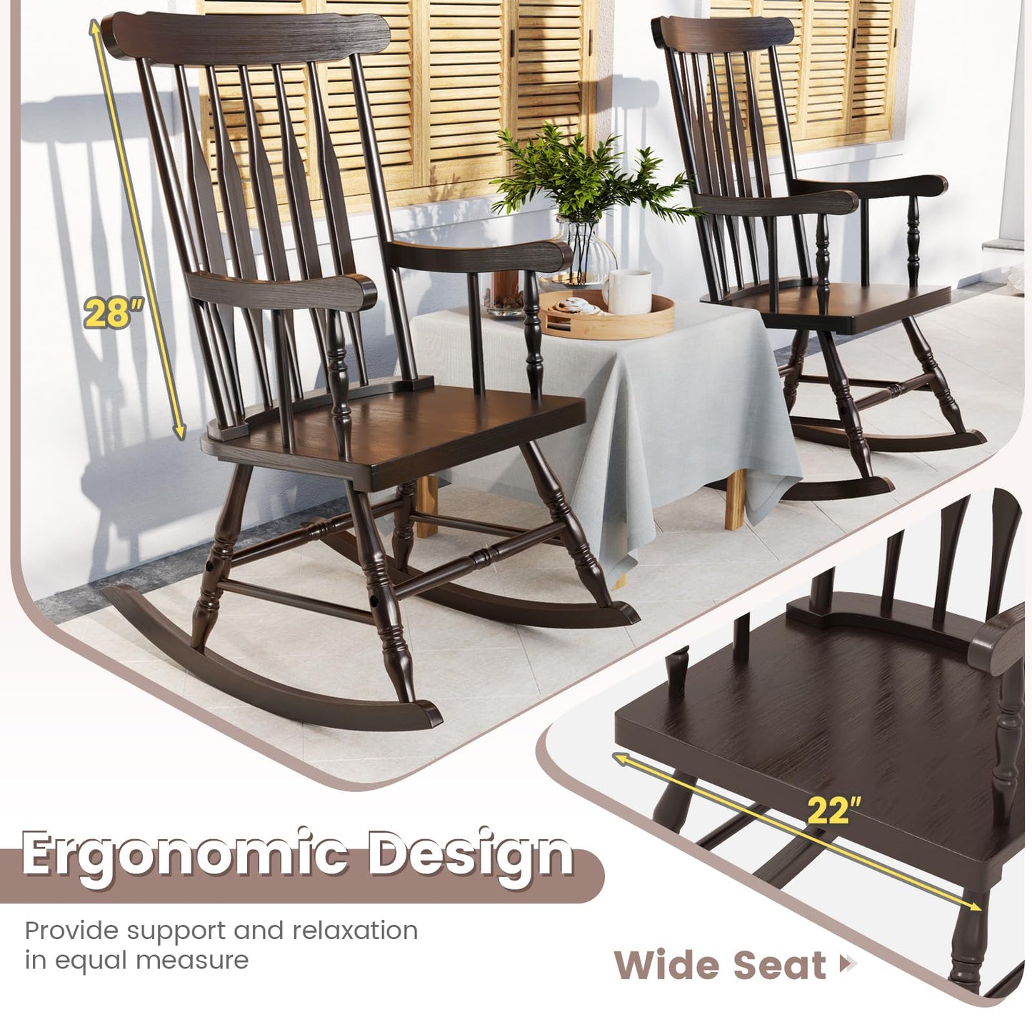Giantex Outdoor Wood Rocking Chair - Patio Rocking Chair with Solid Rubber Wood Frame, Slat Back, Outside & Indoor Rocker for Garden, Poolside, Balcony, Backyard, Lawn, Front Porch Rocker, Dark Coffee