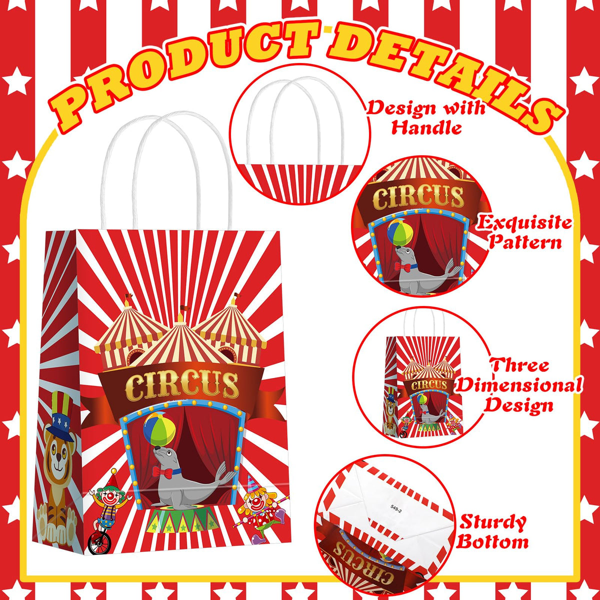 Kolldenn 48 Pcs Carnival Party Favor Bags Circus Gift Goodie Paper Bags with Handles Red White Stripe Circus Treat Candy Pouch for Carnival Party Supplies Birthday Mardi Gras Decorations