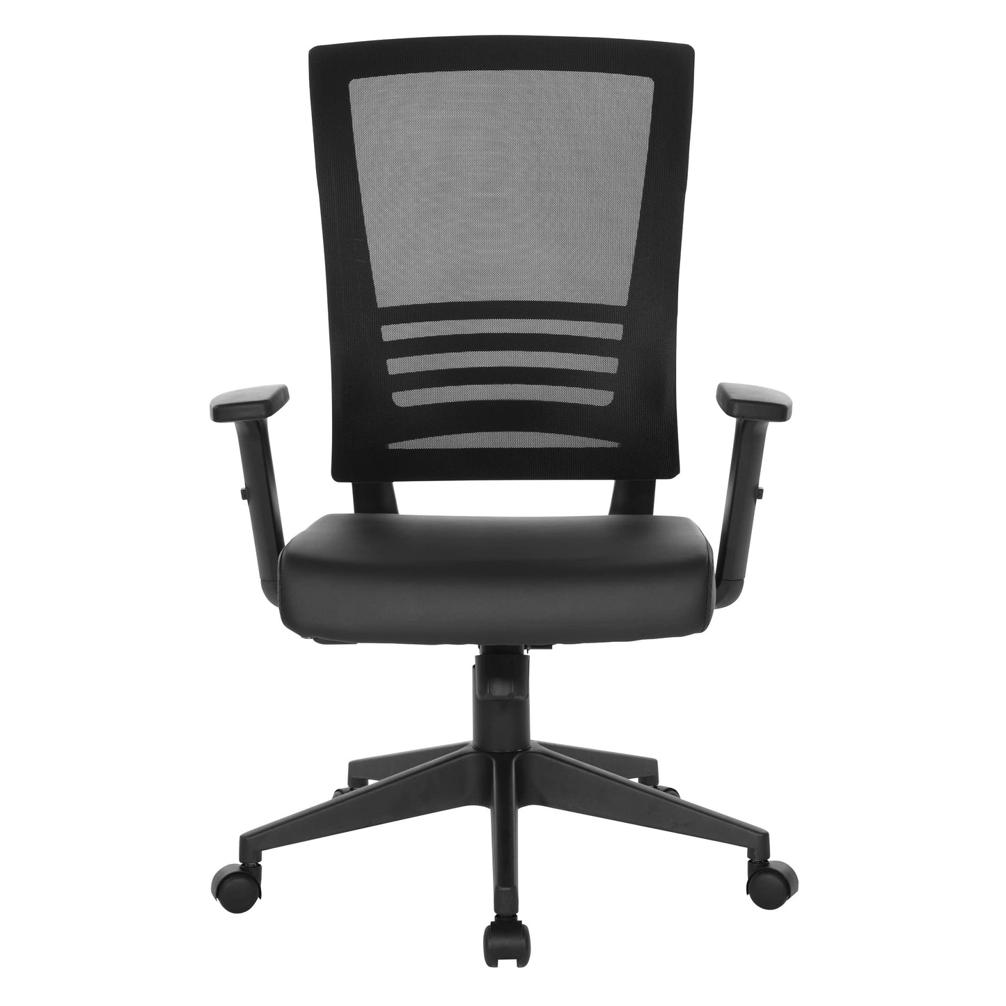 Office Star Mesh Back Office Chair with 2-to-1 Synchro Tilt Control and Adjustable Padded Arms, Black Faux Leather with Black Frame