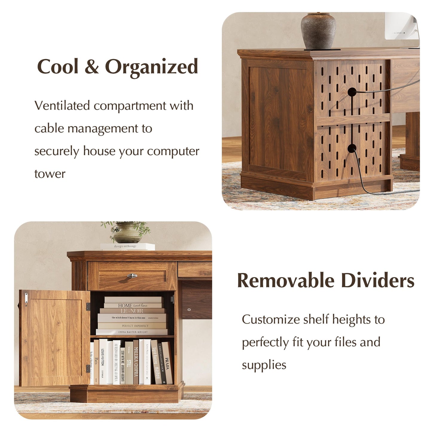 AMBERHAUS 59" Classic Executive Desk with Storage, Victorian Executive Desk with Charging Station, Keyboard Tray, 3 Drawers & 2 Cabinet Storage & 2 Pedestals, Easy Assembly, Dark Walnut