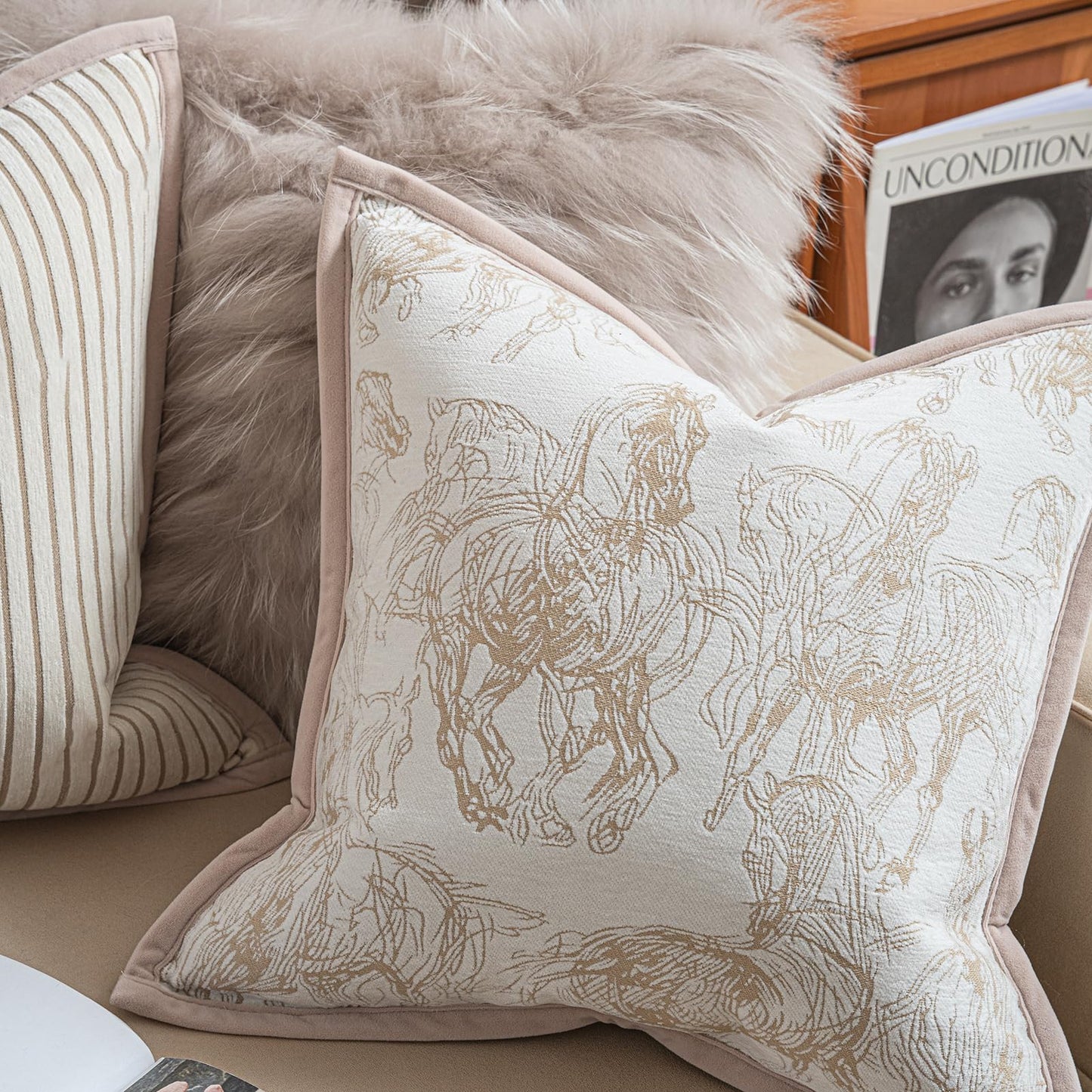 Croker Horse New 20x20'' inches Throw Pillow Cushion Covers - Palace Horse with Edge Strip Chenille Jacquard Embroidery Luxury Modern Style Couch Sofa Bed Pillow Cover for Living Room Bedroom
