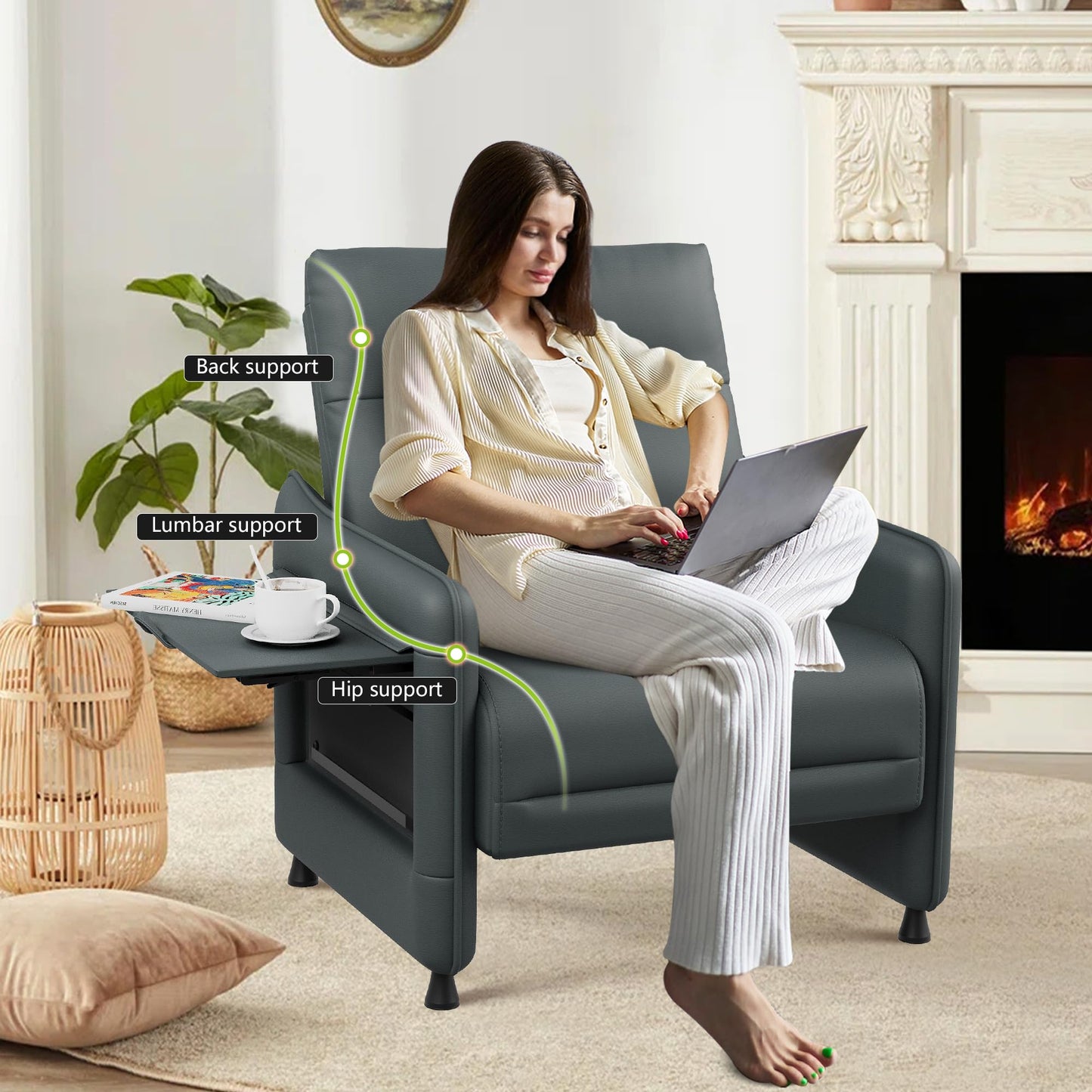 Alunaune Upholstered Living Room Chair Armchair, Mid Century Accent Chair, Reception Couch Slipper Club Lounge Chair Guest Comfy Single Sofa with Sidetable for Bedroom-Grey
