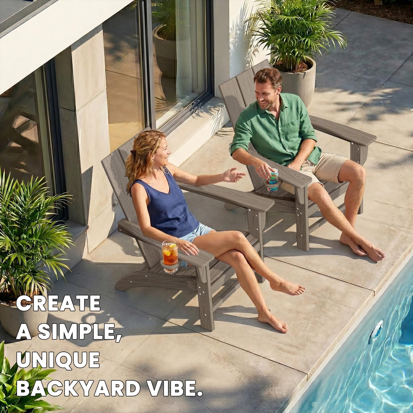 POLYDUN Modern Adirondack Chair, HDPE Plastic Patio Chairs for All Weather, Fire Pit Chair, Outdoor Lawn Chairs for Deck, Porch, Backyard, Garden, Weathered Wood