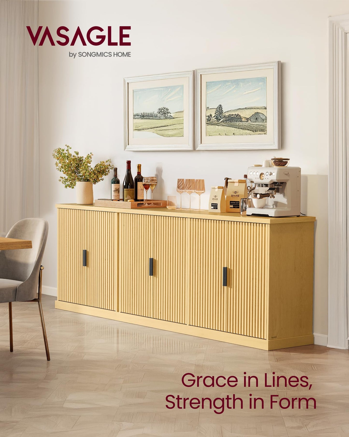 VASAGLE MAXE Collection - Buffet Cabinet, Fluted Console Cabinet, Sideboard with Adjustable Shelf, Mid Century Modern Buffet Table, 15.8 x 29.9 x 31.5 Inches, Oak Beige UBBK344Y01