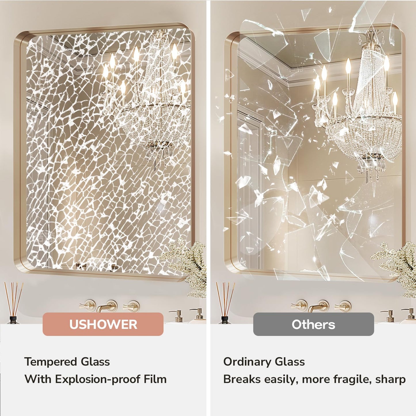 USHOWER Gold Bathroom Mirror 24"x36", Brushed Gold Rounded Rectangle Mirror for Over Sink, Aluminum Frame, Anti-Rust, Tempered Glass, Horizontal or Vertical Mounted