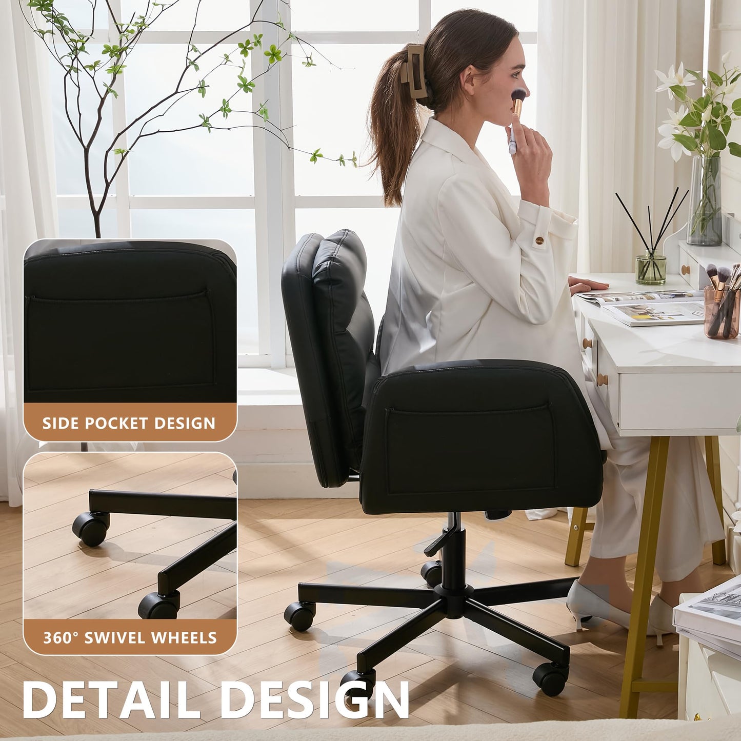 Criss Cross Chair with Flip-Up Arms & Swivel Wheels, Vanity Chair with Adjustable Height & Side Pockets, Comfortable Wide Seat Reclining Computer Office Desk Chairs for Home Office, Make Up, Bed Room