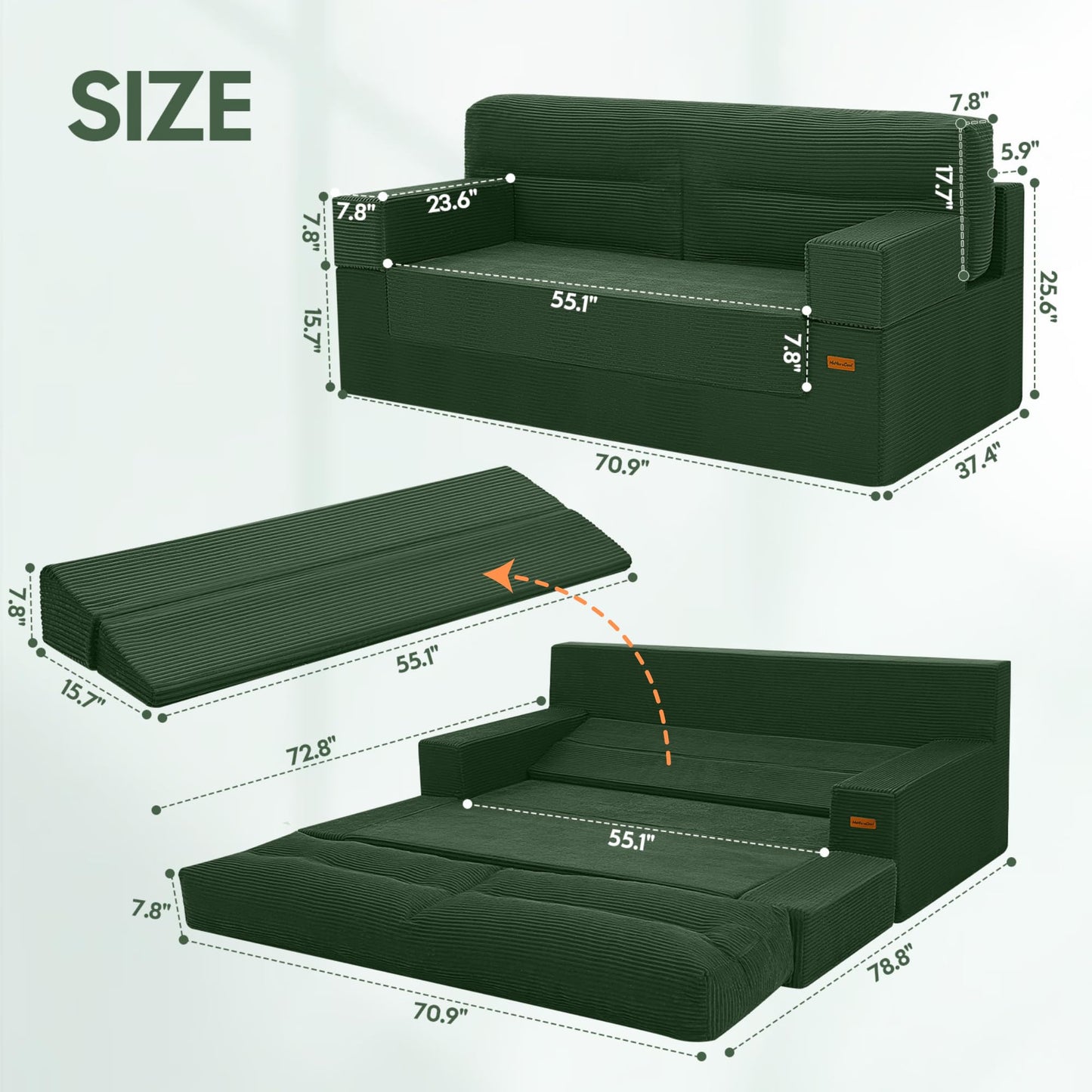 MeMoreCool Queen Sofa Bed, 4-in-1 Pull Out Couch Bed with Wedge Pillow, Boneless Futon Sleeper Loveseat, No Assembly Folding Sofa for Living Room Guest Room, Green Corduroy