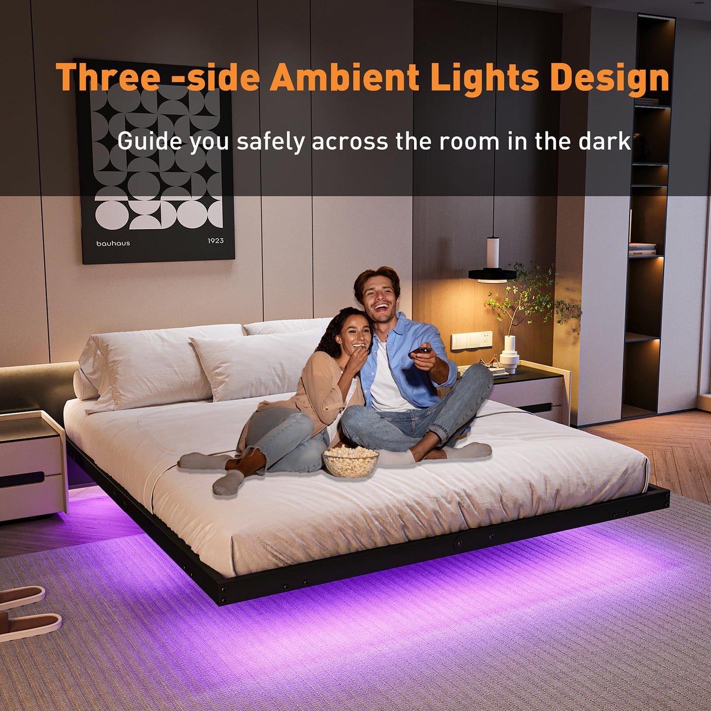 AGXI Floating Bed Frame with LED Lights and Charging Station, 10 Inch Floating Bed Frame Full, Metal Platform Full Bed, No Box Spring Needed, Easy to Assemble