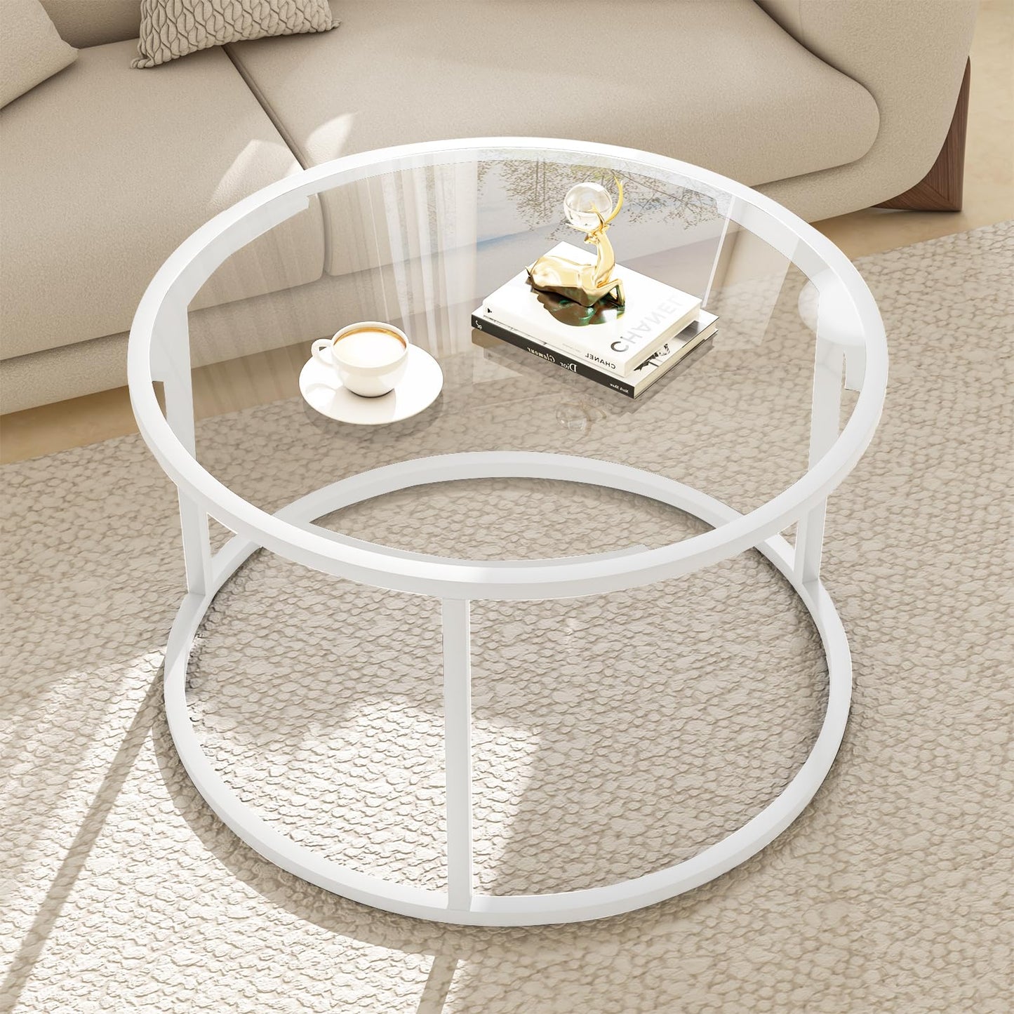 Round Glass Coffee Table for Living Room,Minimalist Modern Center Table with Metal Frame for Small Space,Easy Assembly,27 x 27In, White