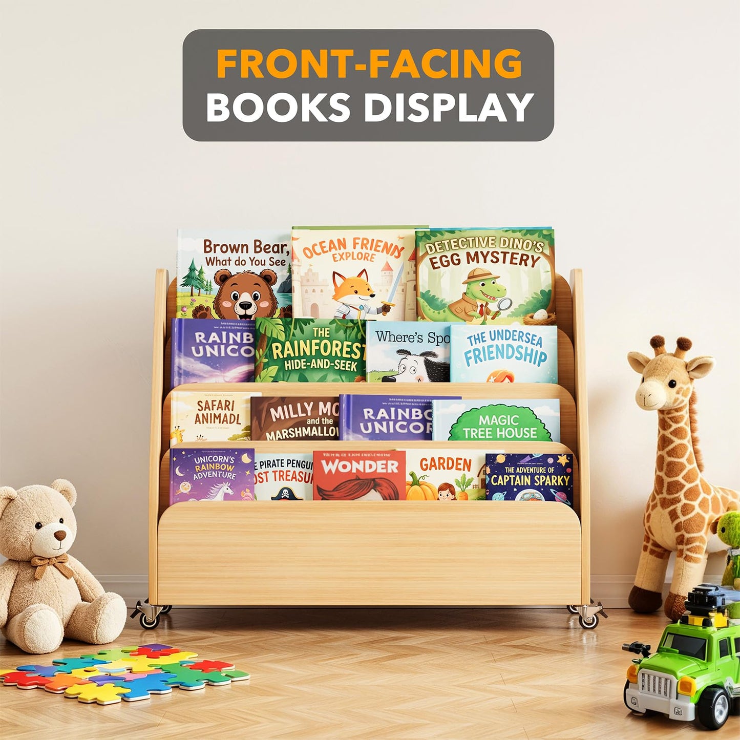 SpaceAid Double-Sided Mobile Bookshelf, Montessori Bookcase for Toddlers, Wooden Book Storage Organizer Shelf Furniture for Kids Rooms, Playroom, Nursery and Classroom, 29.5“ Wide 4-Tier, Natural