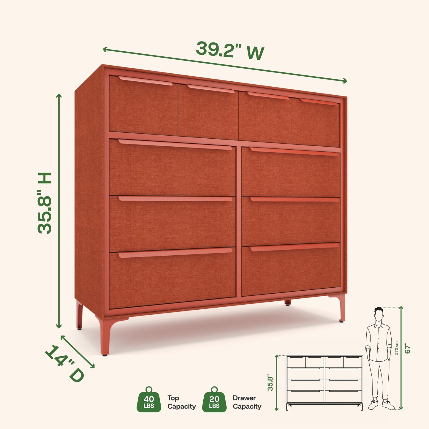 tinge Naima Premium Fabric Dresser - Strong Metal Frame, 10 Spacious Sag-Proof Drawers with Sleek Metal Handles - Premium & Durable Storage Solution for Your Home (Orange)