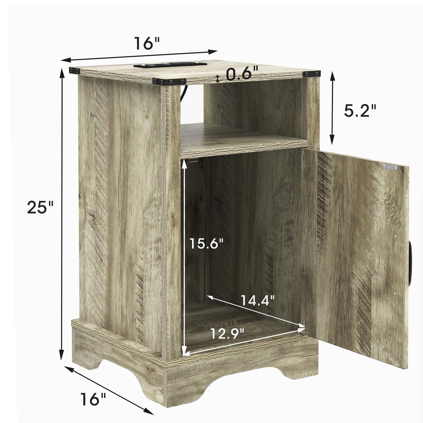 RoyalCraft Tall Farmhouse Nightstand with Charging Station, Grey End Table with Storage, Large Wooden Rustic Bedside Table for Bedroom, Home Office, Light Grey
