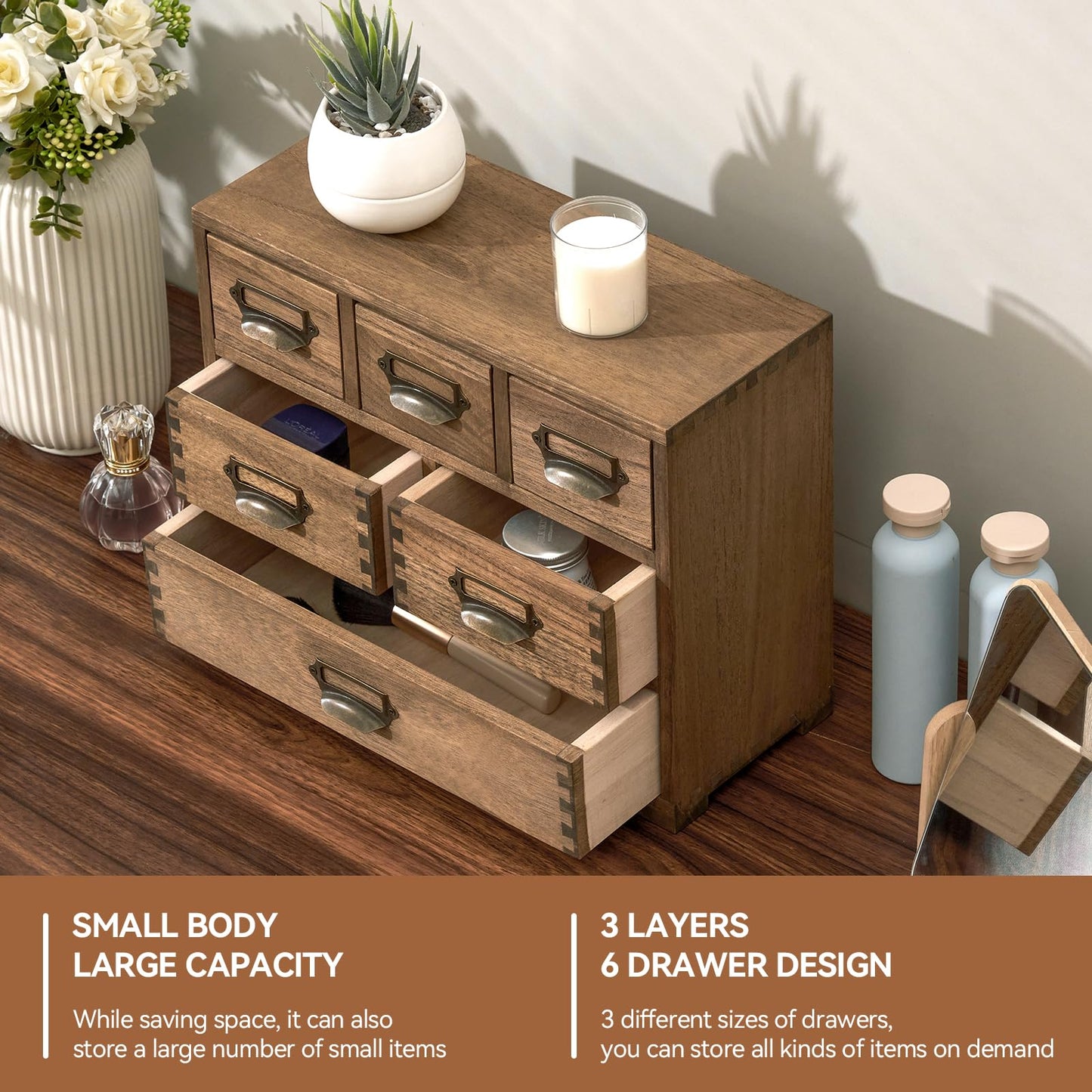 KIRIGEN Wood Desk Drawer Cabinet Organizer, 6-Drawer Mini Storage Chest with Metal Label Holder Handles, Fully Assembled Desktop Organizer for Office Supplies, Crafts, Makeup, Brown 3D6CG-DBR