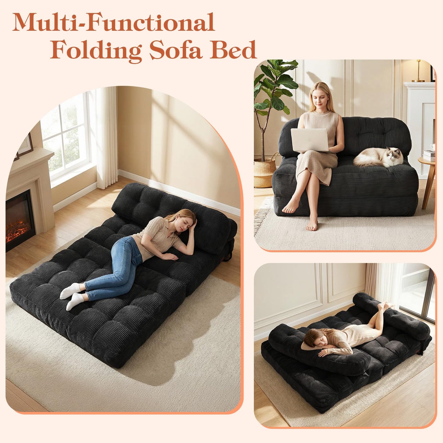 Vellorise Folding Sofa Bed, Convertible Sleeper Chair with Back Support and Pillow Futon, Boneless Matress, for Living Room/Guest Use/Home Office, Foldable Chair Bed for Adults, Black, Full