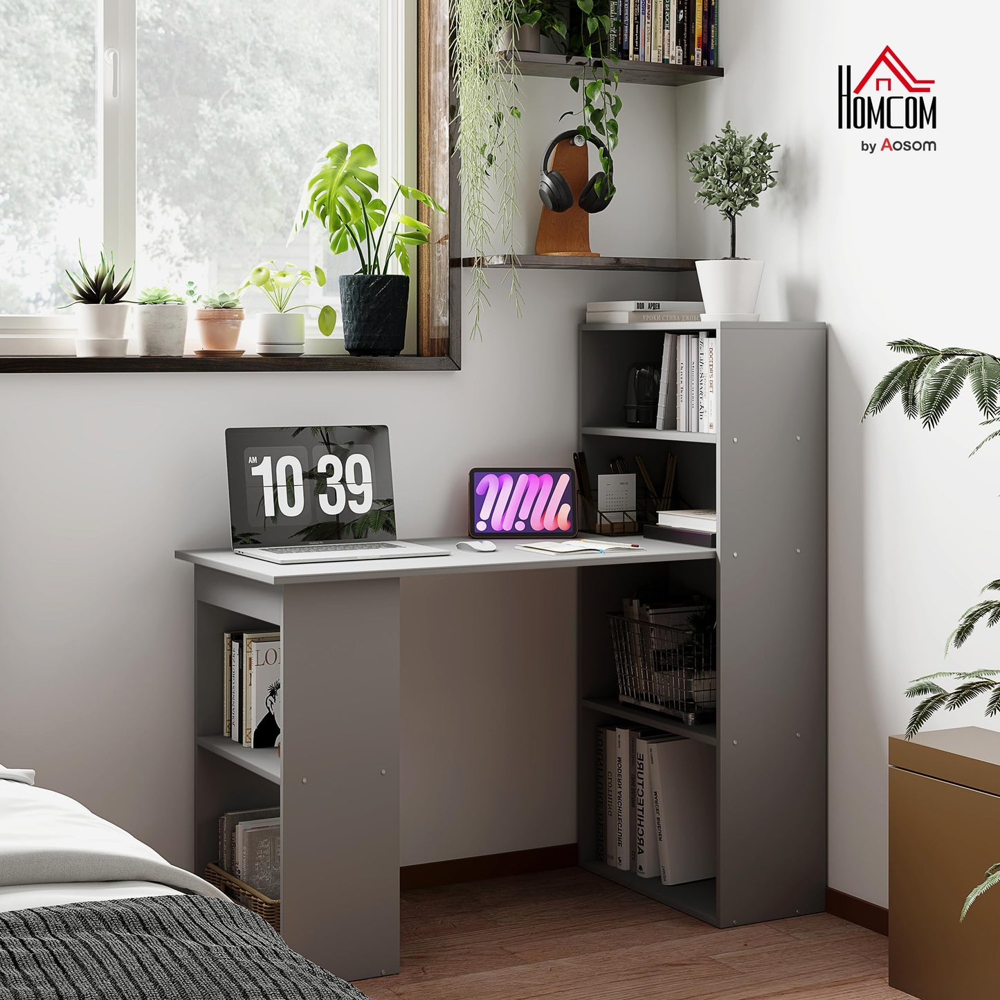 HOMCOM Modern Home Office Desk with 6-Tier Storage Shelves, 47" Writing Desk with Bookshelf, Gray