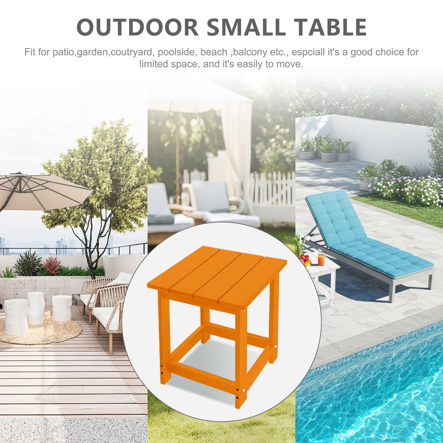 LZRS Square Patio Side Table, Heavy Duty HDPE Outdoor End Table with Wood Texture, Weatherproof Composite Table for Adirondack Chairs, Deck, Pool, Indoor/Outdoor, No Peeling or Cracking(Orange)