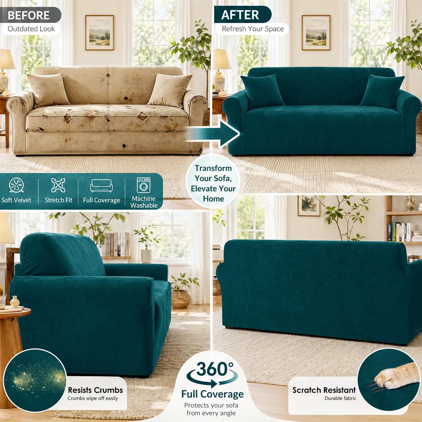 YEMYHOM Real Velvet Couch Covers for 2 Cushion Couch High Stretch 1 Piece Loveseat Slipcover for Pets Dogs Anti Slip Love Seat Sofa Slipcover Furniture Protector (55"-69", Blackish Green)
