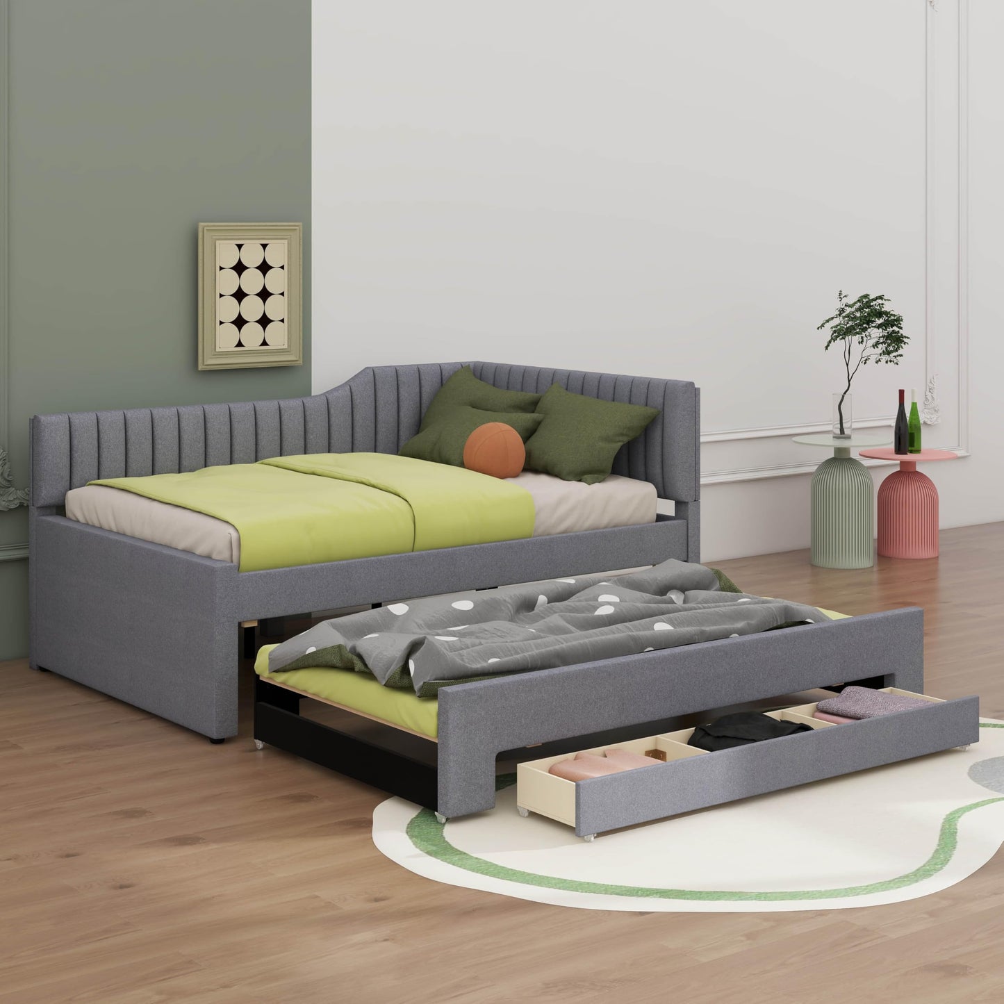 YunNianYang Twin Size Upholstered Daybed with Trundle and Three Drawers (Gray, Full)