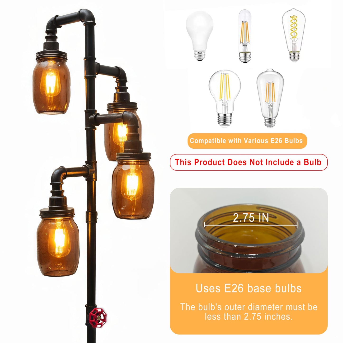 BYGIXU Steampunk Floor Lamp - Industrial Water Pipe Floor Lamp, Suitable for Living Room and Dining Room（Bulbs Not Included）