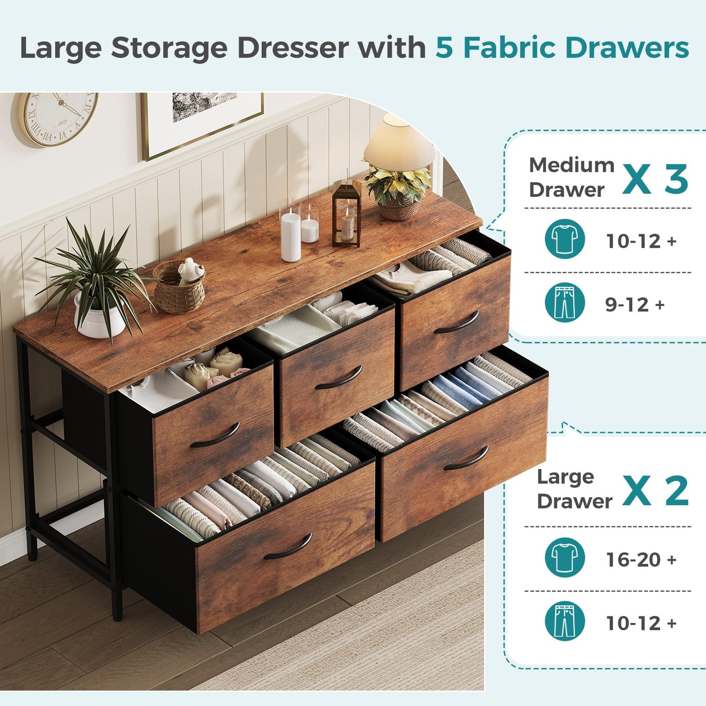OLIXIS 5 Drawer Dresser for Bedroom, Closet Chest Organizer Furniture, TV Stand for Living Room Hallway, Wide Fabric Storage Tower with Wooden Top and Metal Frame, Brown