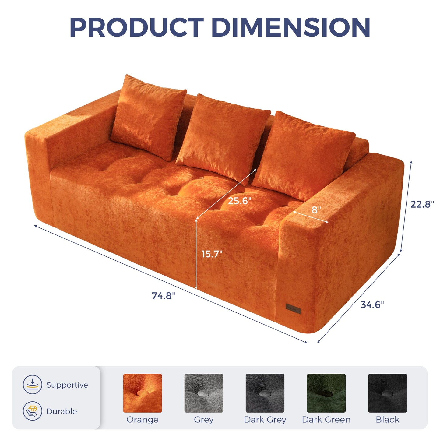 MAXYOYO Modular Sofa Couch, 75" Oversized Loveseat Boneless Cloud Couch with Deep Seat, Chenille Upholstered Living Room Comfy Sofa Chair for Living Room, No Assembly Required, Orange